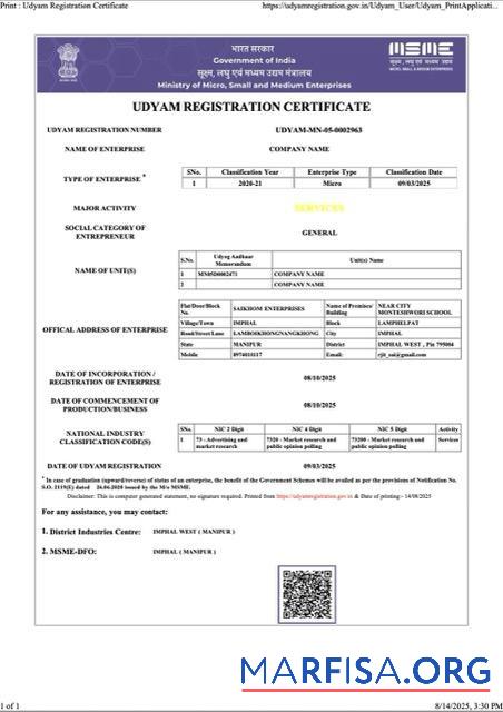Downloadable India Udyam registration certificate Word and PDF template, version 7